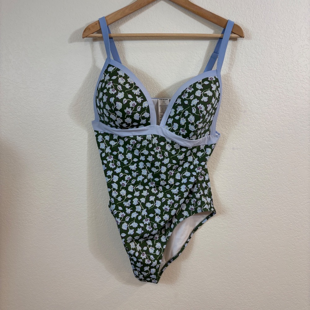Boden One Piece Swimsuit Women 14 Green Floral V-Neck Adjustable Straps Preppy - Picture 2 of 8